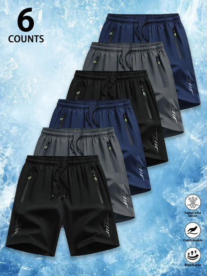 6 Counts Men'S Premium Ice Silk Quick Dry Athletic Shorts, Luxury Performance Cooling Drawstring Elastic Cure Zipper Pockets & Reflective Detail, Designer Loose Fit Breathable Lightweight Workout Shorts for Gym,Quick-Dry Elastic Athletic Shorts Set