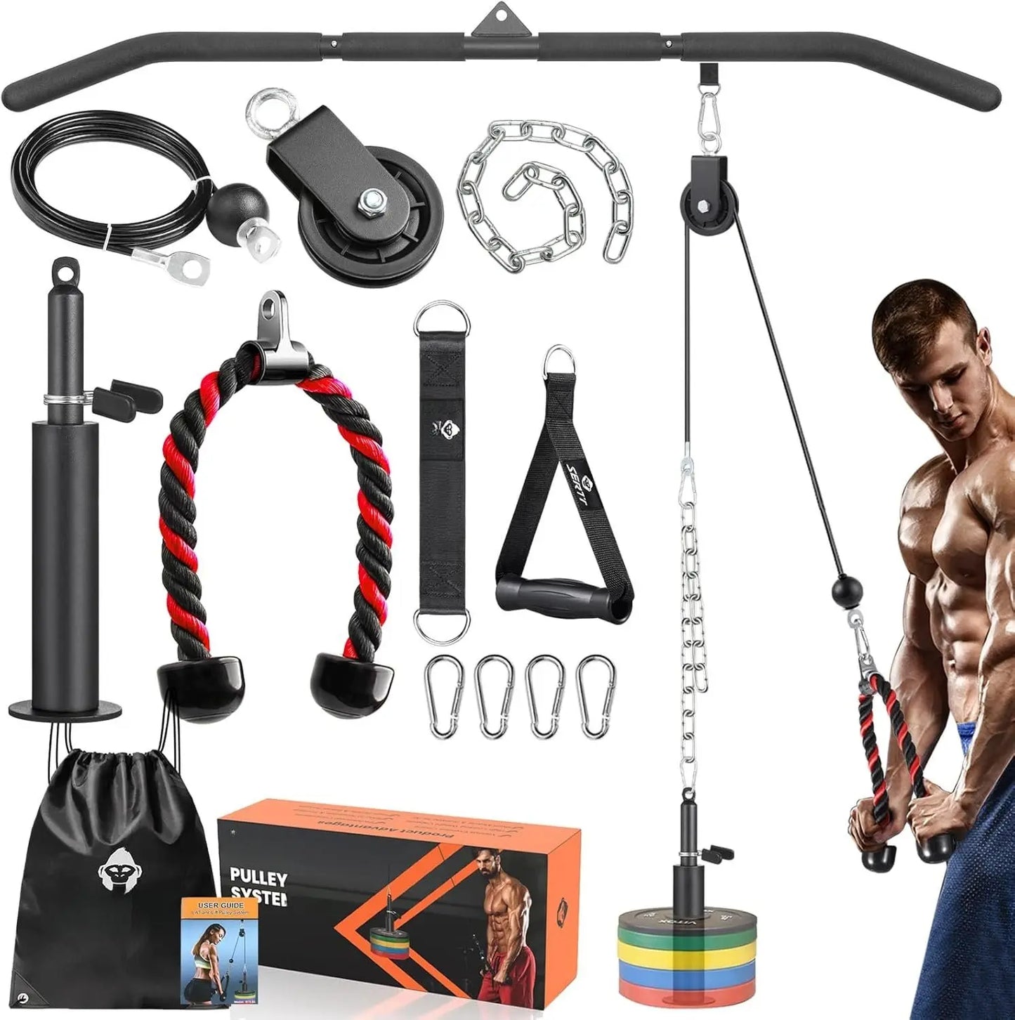 Professional Pulley System for Gym Use, Power Rack Attachment with 2-in-1 LAT Pulldown Bar and Enhanced Loading Pin for Triceps and Biceps Workouts