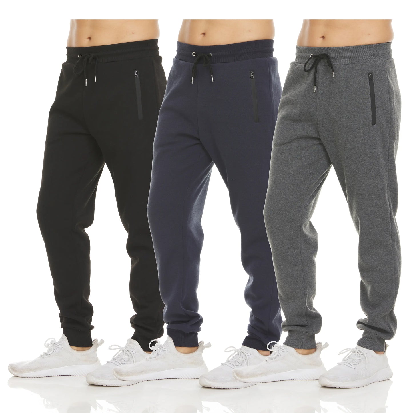PURE CHAMP Men's Fleece Joggers - Set of 3 Soft Gym Sweatpants with Zipper Pockets