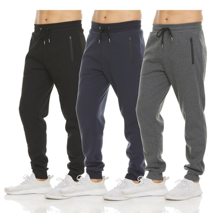 PURE CHAMP Men's Fleece Joggers - Set of 3 Soft Gym Sweatpants with Zipper Pockets