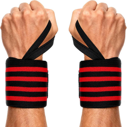 Adjustable 13" Red and Black Wrist Wraps with 4 Stripes for Weightlifting and Bodybuilding - Unisex Design with Velcro Closure