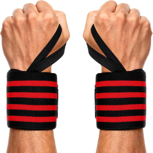 Adjustable 13" Red and Black Wrist Wraps with 4 Stripes for Weightlifting and Bodybuilding - Unisex Design with Velcro Closure