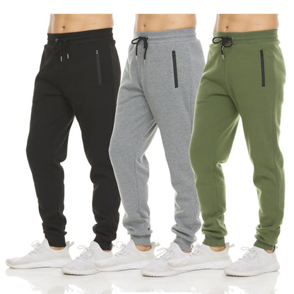 PURE CHAMP Men's Fleece Joggers - Set of 3 Soft Gym Sweatpants with Zipper Pockets
