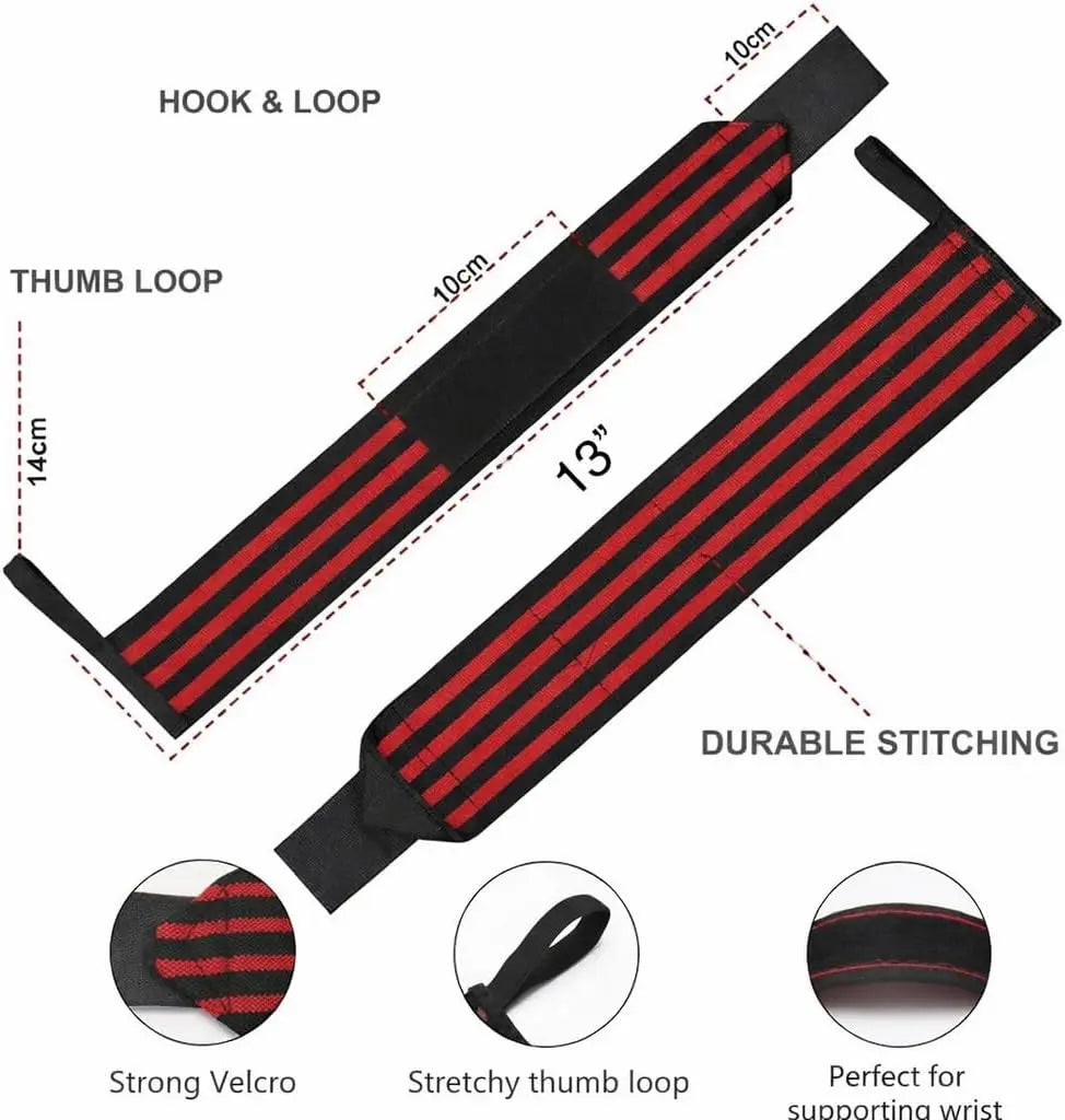 Adjustable 13" Red and Black Wrist Wraps with 4 Stripes for Weightlifting and Bodybuilding - Unisex Design with Velcro Closure