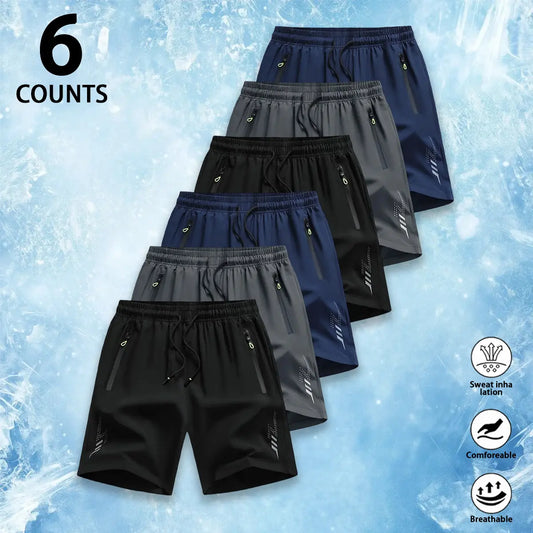 6 Counts Men'S Premium Ice Silk Quick Dry Athletic Shorts, Luxury Performance Cooling Drawstring Elastic Cure Zipper Pockets & Reflective Detail, Designer Loose Fit Breathable Lightweight Workout Shorts for Gym,Quick-Dry Elastic Athletic Shorts Set
