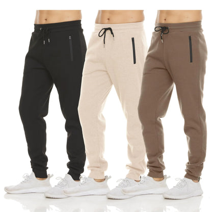 PURE CHAMP Men's Fleece Joggers - Set of 3 Soft Gym Sweatpants with Zipper Pockets