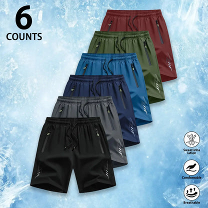 6 Counts Men'S Premium Ice Silk Quick Dry Athletic Shorts, Luxury Performance Cooling Drawstring Elastic Cure Zipper Pockets & Reflective Detail, Designer Loose Fit Breathable Lightweight Workout Shorts for Gym,Quick-Dry Elastic Athletic Shorts Set