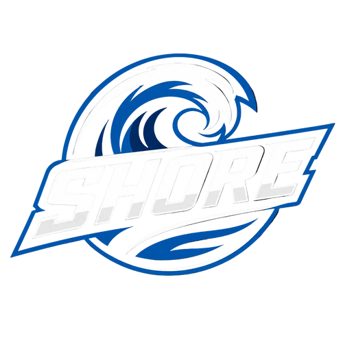 Logo with the word 'SHORE' and wave design on a black background