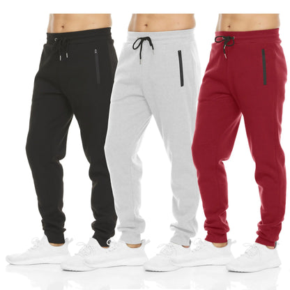 PURE CHAMP Men's Fleece Joggers - Set of 3 Soft Gym Sweatpants with Zipper Pockets