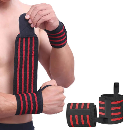 Adjustable 13" Red and Black Wrist Wraps with 4 Stripes for Weightlifting and Bodybuilding - Unisex Design with Velcro Closure