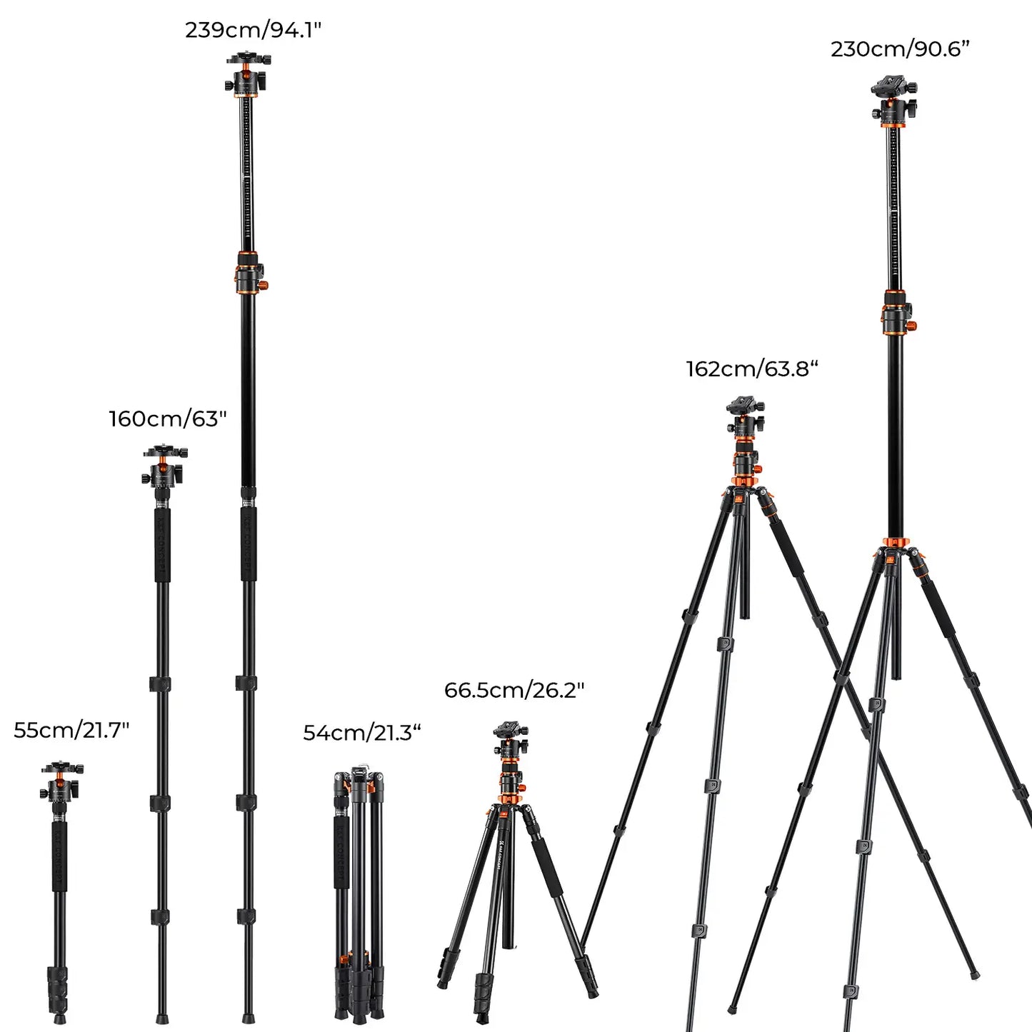 K&F Concept 90 Inch Ultra High Camera Tripod with Metal Ball Head, 10KG Load Capacity, Detachable Monopod for Indoor and Outdoor Use T254A7+BH-28L