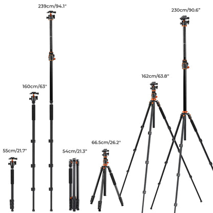 K&F Concept 90 Inch Ultra High Camera Tripod with Metal Ball Head, 10KG Load Capacity, Detachable Monopod for Indoor and Outdoor Use T254A7+BH-28L