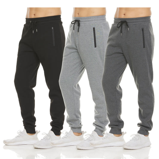 PURE CHAMP Men's Fleece Joggers - Set of 3 Soft Gym Sweatpants with Zipper Pockets