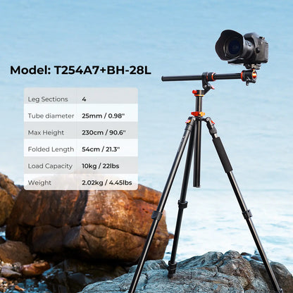 K&F Concept 90 Inch Ultra High Camera Tripod with Metal Ball Head, 10KG Load Capacity, Detachable Monopod for Indoor and Outdoor Use T254A7+BH-28L
