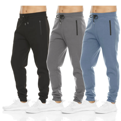 PURE CHAMP Men's Fleece Joggers - Set of 3 Soft Gym Sweatpants with Zipper Pockets
